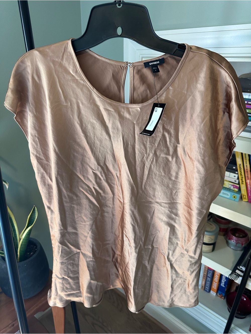 Express Satin Short Sleeve Top — Tan Gold